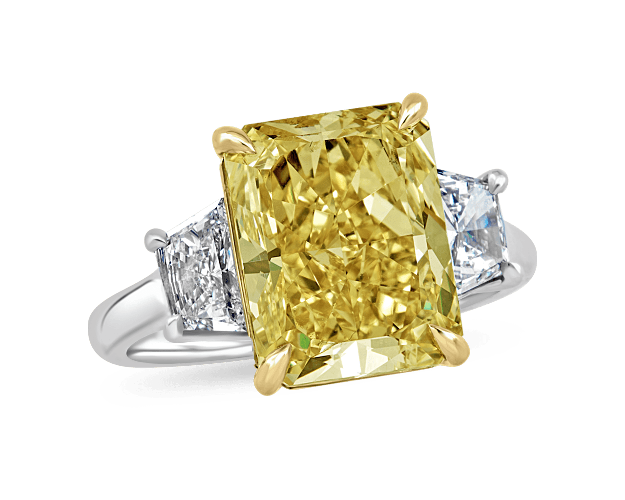 Fancy Yellow Radiant and Trapezoid Three Stone Ring